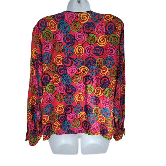 Vintage 90s 100% Silk Blouse L Long Sleeve Button Mod Red Psychedelic - Picture 4 of 16